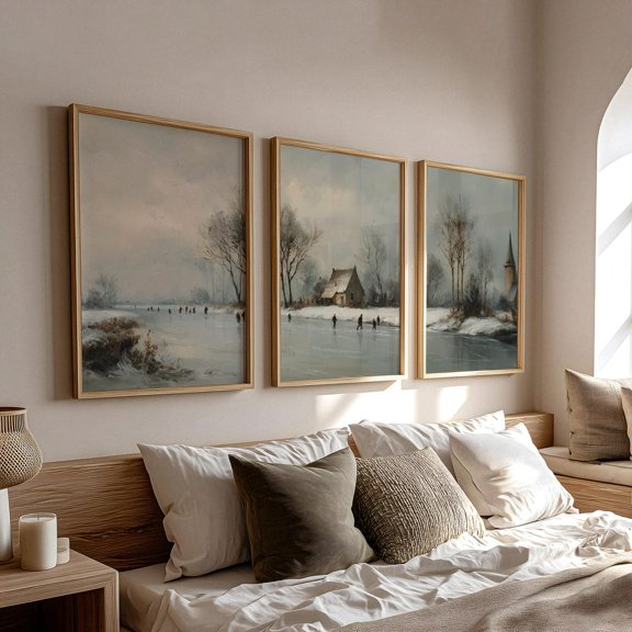 Calm Winter Poster Snowy Village River Print Neutral Farmhouse Wall Art Set 3 Unframed Paper Print 8x12