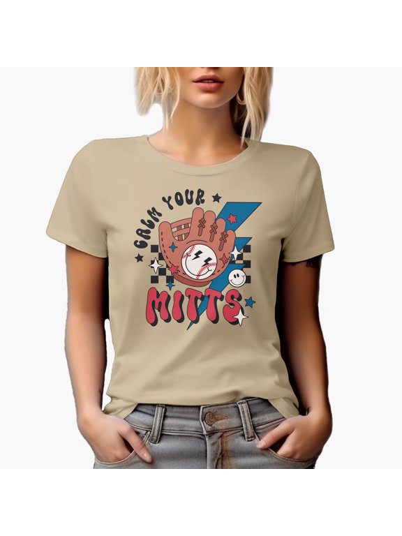 Calm Your Mitts Pun with Retro Baseball Gloves Art Merch Gift, Tan T-Shirt, Large