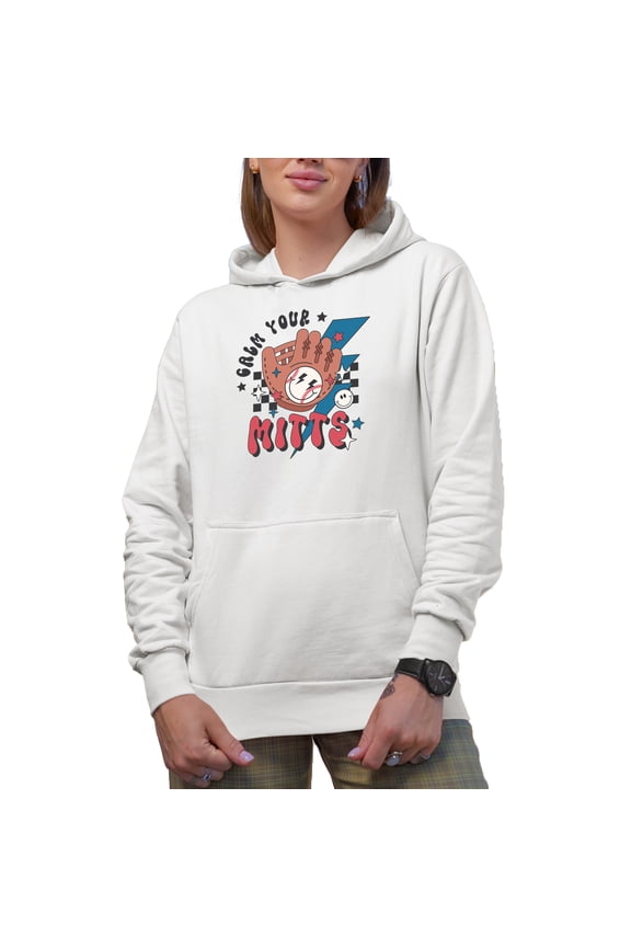 Calm Your Mitts Pun with Retro Baseball Gloves Art Merch Gift, White Hooded Sweatshirt or Hoodie, XL