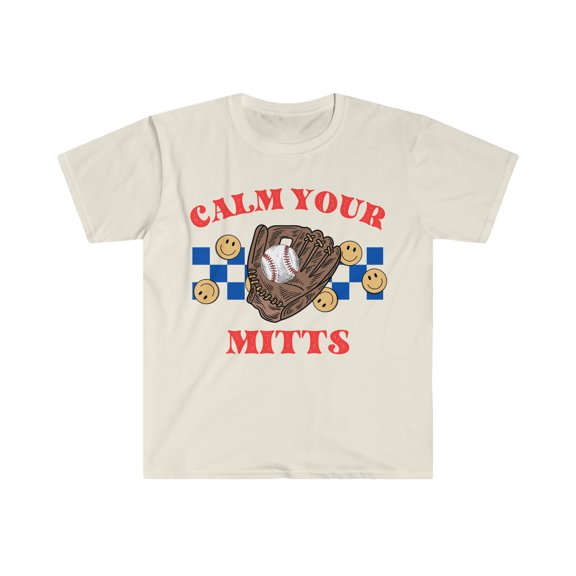 Calm Your Mitts T-Shirt, Retro Baseball Mama Checkered Smiley Face Shirt Natural 2XL