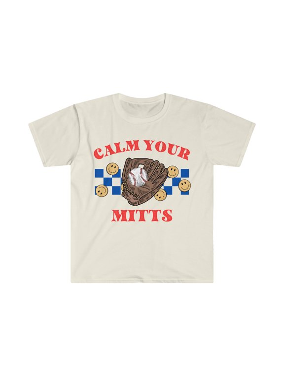 Calm Your Mitts T-Shirt, Retro Baseball Mama Checkered Smiley Face Shirt Natural Large