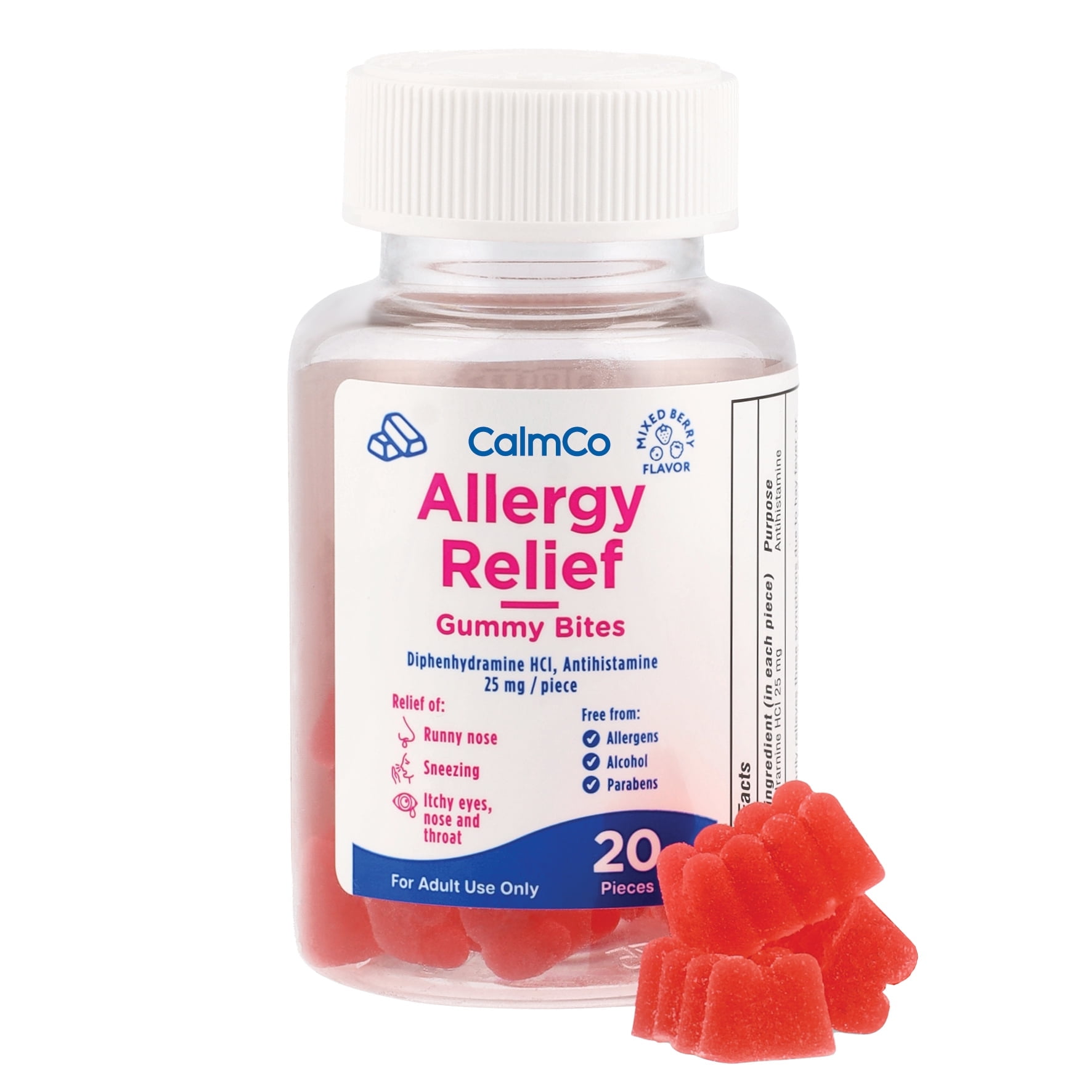 CalmCo Adult Allergy Gummy Bites, Diphenhydramine HCl, Relieves Allergy Symptoms, Hay Fever, Non-Habit Forming, Pure and Allergen-Free, 20 Count.
