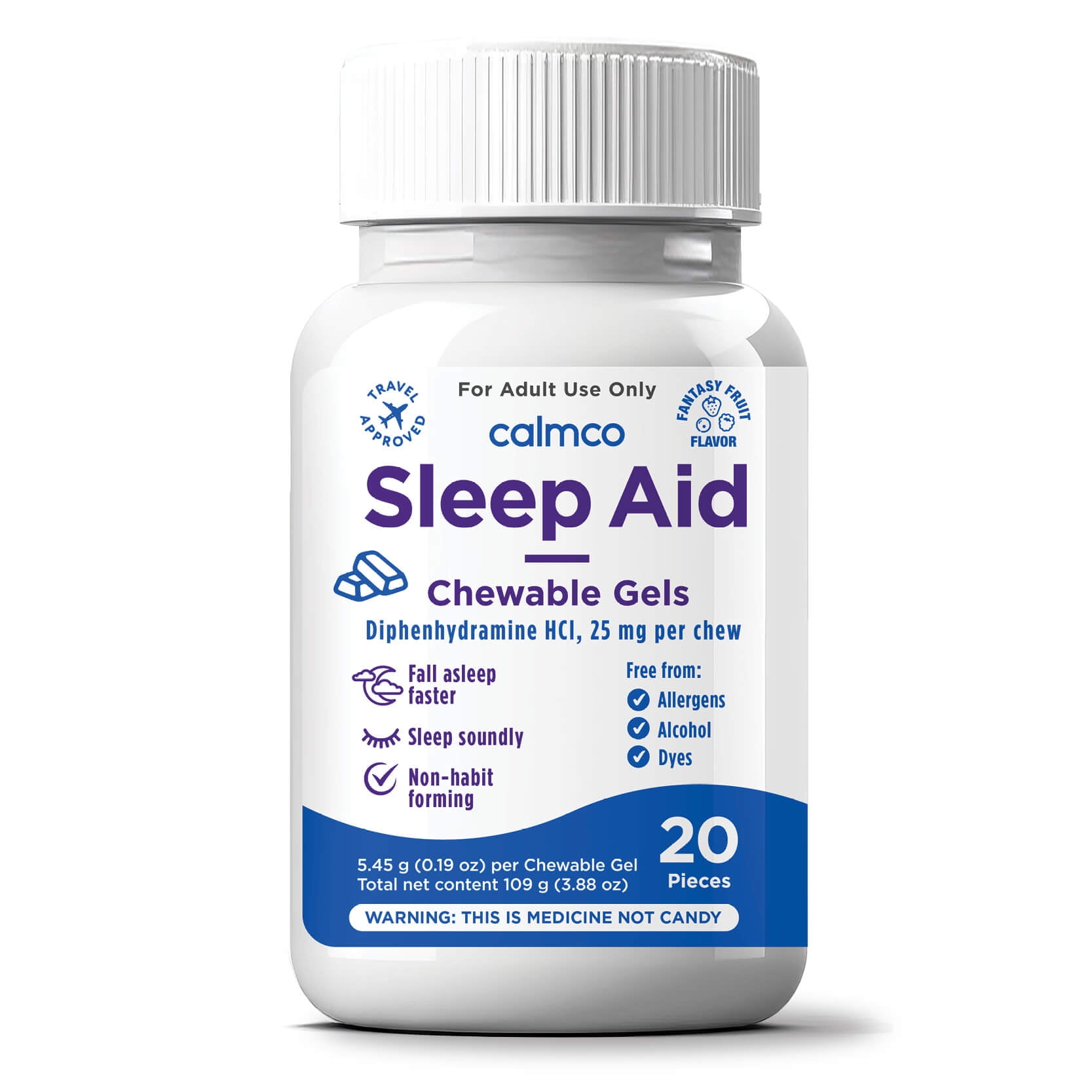 CalmCo Adult Sleep Aid Chewable Gels, 25 mg Diphenhydramine HCl, Promotes Better Sleep, Fall Asleep Faster, Non-Habit Forming, Fantasy Fruit Flavor, 20 Count.