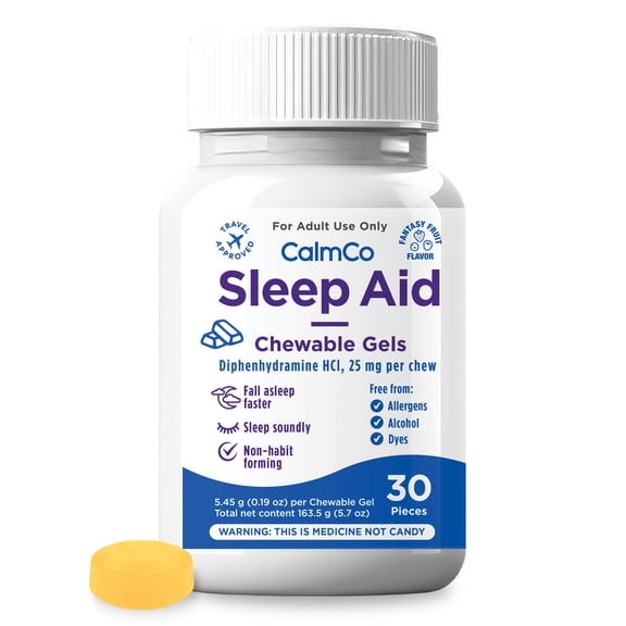 CalmCo Adult Sleep Aid Chewable Gels, 25 mg Diphenhydramine HCl, Promotes Better Sleep, Fall Asleep Faster, Non-Habit Forming, Fantasy Fruit Flavor, 30 Count.