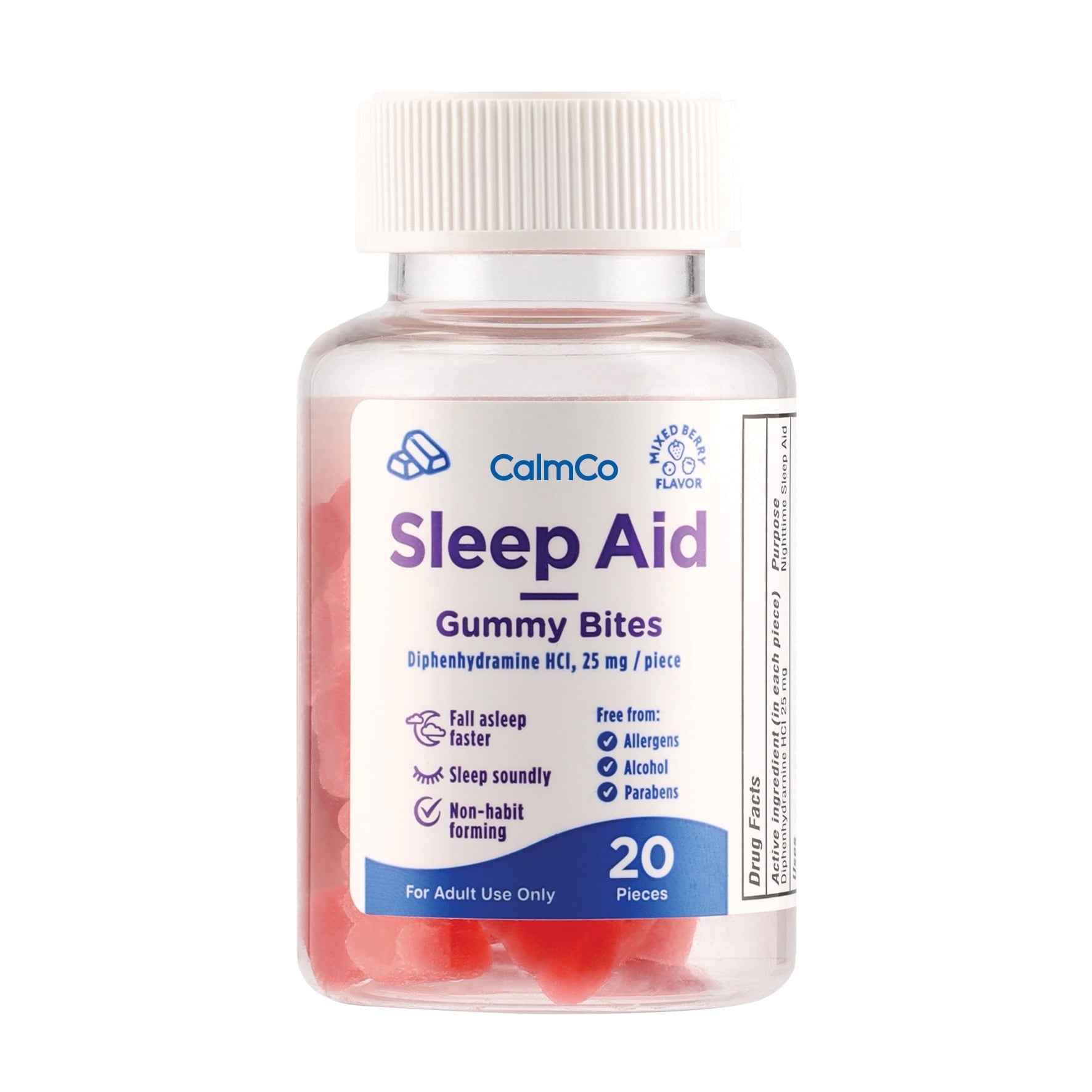 CalmCo Adult Sleep Aid Gummy Bites, 25 mg Diphenhydramine HCl, Promotes Better Sleep, Fall Asleep Faster, Non-Habit Forming, 20 Count.