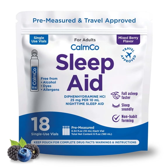 CalmCo Sleep Aid, Diphenhydramine 25mg, Mixed Berry Flavor, 18 vials.