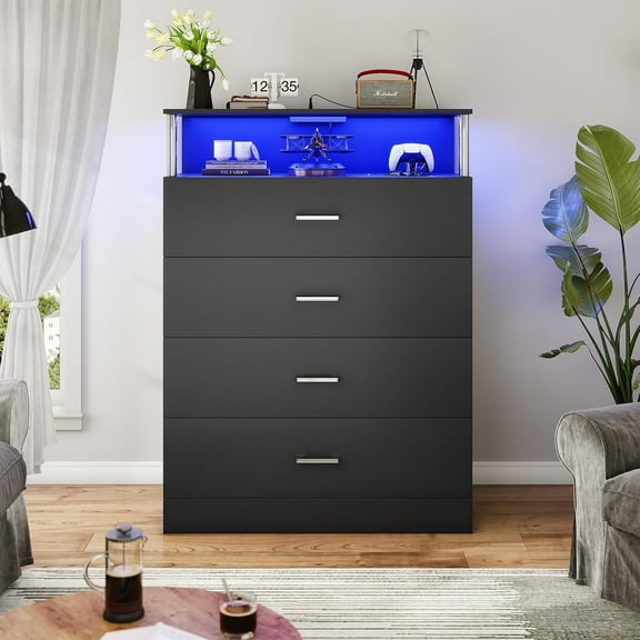 CalmOasis 4 Drawer Dresser Chest, Modern Chest Organizer with 4 Drawers for Bedroom, LED Lights, Black Finish