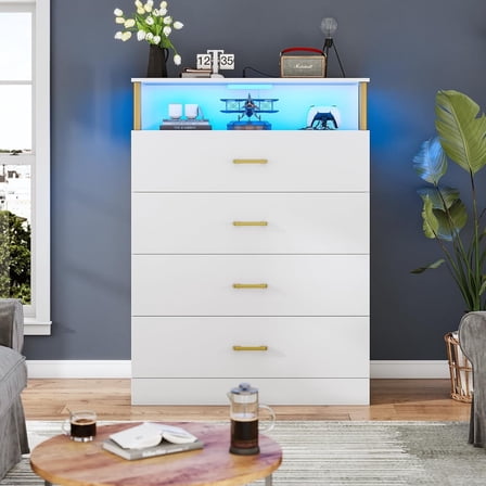 CalmOasis 4 Drawer Dresser Chest, Modern Chest Organizer with 4 Drawers for Bedroom, LED Lights, White Finish