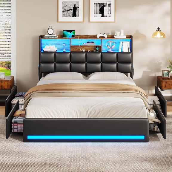 CalmOasis Full Size LED Bed Frame, PU Upholstered Platform Bed with Storage Headboard and Drawer, Charging Station, Black