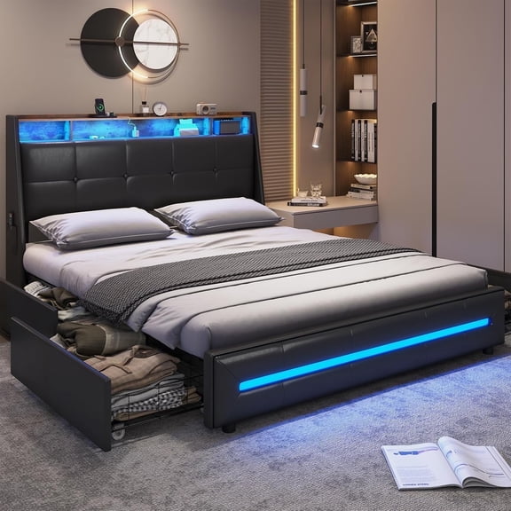 CalmOasis LED Full Bed Frame with Storage Headboard & 4 Drawers, Modern Wooden Platform Bed with Power Ports