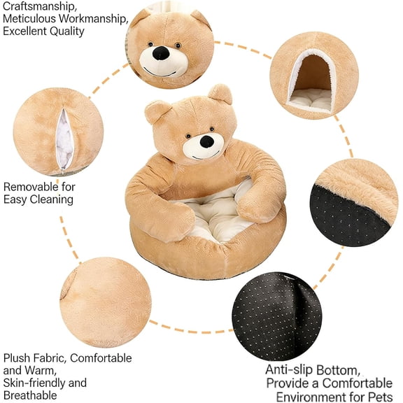 Calming Anxiety Relief Pet Cuddler, Plush Bear Embrace Design Dog Sofa, Cozy Warm Sleeping Nest with Armrests, Washable Anti-Slip Mat for Puppy & Kitten