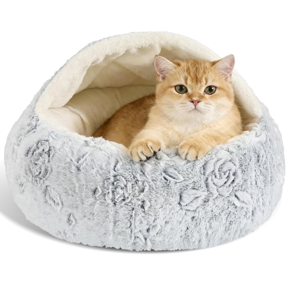 Calming Beds & Cave Bed with Hooded Cover,Removable Washable Round Beds for Small Medium Pets,Anti-Slip Faux Fluffy Coved Bed for Improved Sleep,Fits up to 15/25 lbs(Rose,S)