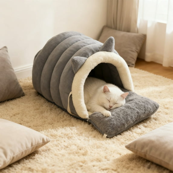 Calming Cat Bed, Fluffy Winter Snuggles, Plush Anti-Anxiety Cuddler Bed with Removable Cushion for Pets, Warm Cozy Bed for Cats