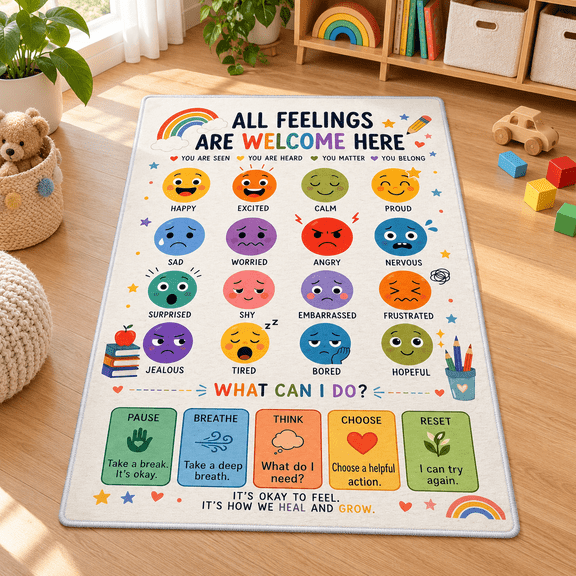 Calming Corner Classroom Rug, 3 x 5 ft Social Emotional Learning Carpet with 16 Emotions and 5 Coping Strategies, Soft Non-Slip Machine Washable Floor Mat