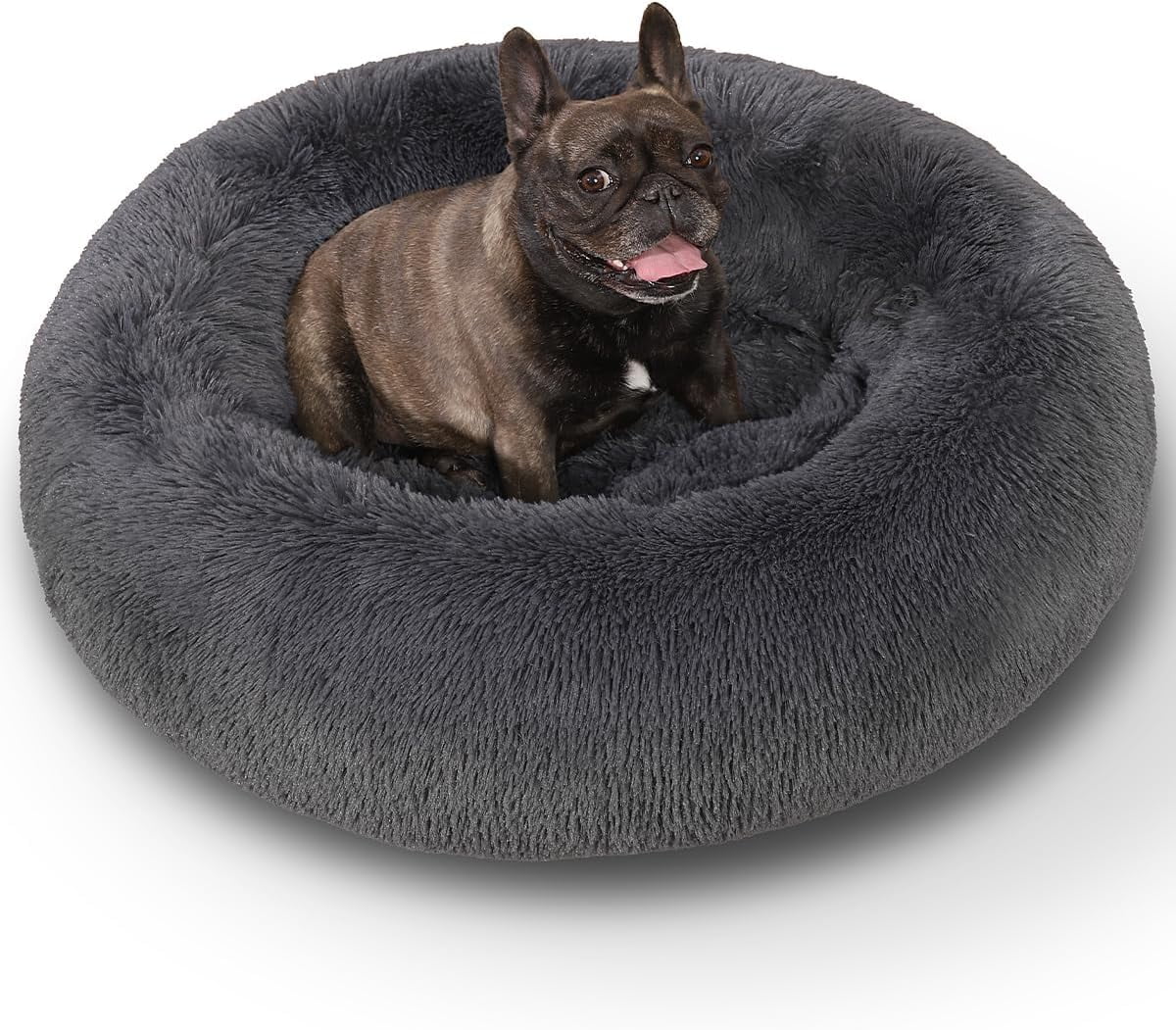 Calming Dog Bed Anti-Anxiety Round Donut Dog Beds Large Sized Dog Cat Beds for Indoor Cats Fluffy Comfort Large Dog Bed with Ultra-Soft Plush Washable Dog Bed with Non-Skid Bottom, 36", Gray