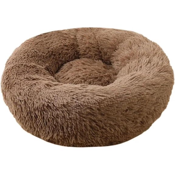 Calming Dog Bed & Cat Bed, Anti-Anxiety Donut Dog Cuddler Bed, Warming Cozy Soft Dog Round Bed, Fluffy Faux Fur Plush Pet Dog Cat Cushion Bed for Small Medium Dogs and Cats (Small, Brown)