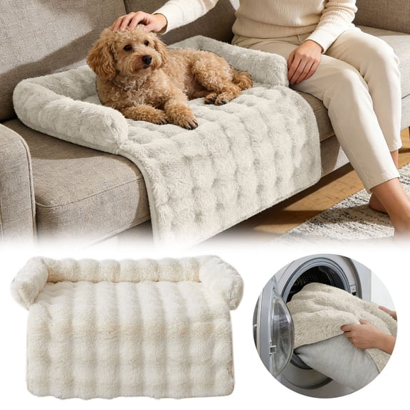 Calming Dog Bed for Couch, 29.5 x 29.5 inch, Non- Rabbit-Velvet Dog Sofa Mat for Furniture Protector, for Small, Medium Dogs and Cats (White)