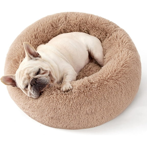 Calming Dog Bed Medium Large Size Dogs - Donut Washable Large Pet Bed, 33 inches Anti-Slip Round Fluffy Plush Faux Fur Dog Bed, Camel