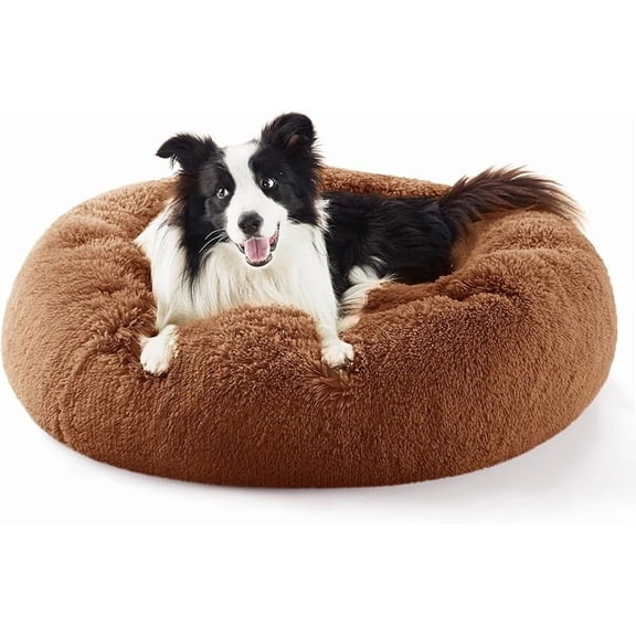 Calming Dog Bed Medium Large Size Dogs - Donut Washable Large Pet Bed, 36 inches Anti-Slip Round Fluffy Plush Faux Fur Dog Bed