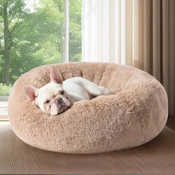 Calming Dog Bed Medium Size Dog Donut Washable Medium Pet Bed 30 Inches AntiSlip Round Fluffy Plush Faux Fur Cat Bed Fits Up To 45 Lbs Pets Camel