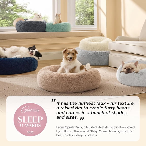 Calming Dog Bed Medium Size Dog - Donut Washable Medium Pet Bed, 30 inches Anti-Slip Round Fluffy Plush Faux Fur Cat Bed, Fits up to 45 lbs Pets, Camel