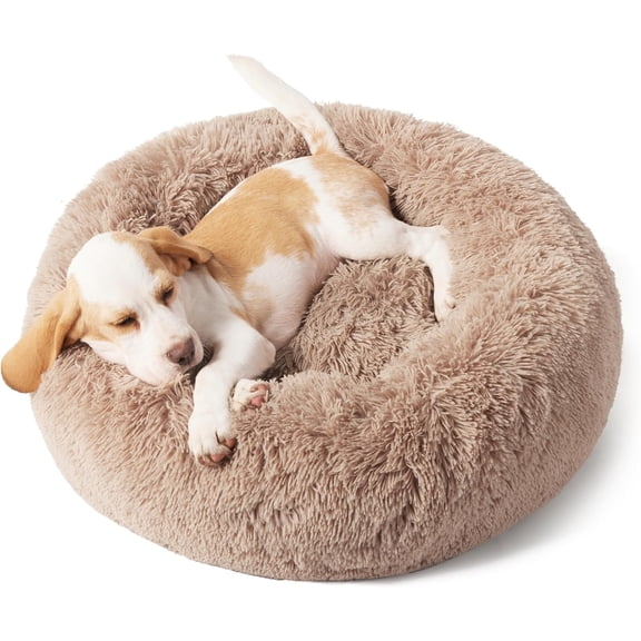 Calming Dog Bed for Small Dogs - Donut Washable Small Puppy Bed, 23 inches Anti-Slip Round Fluffy Plush Faux Fur Large Cat Bed, Fits up to 25 lbs Pets, Camel