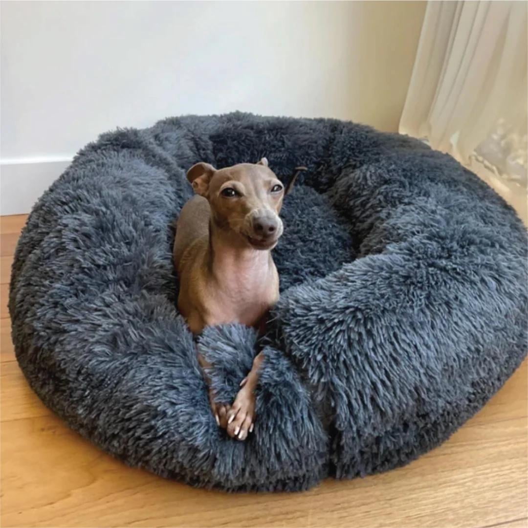Calming Dog Bed for Medium Dogs - Donut Washable Medium Pet Bed, 30 inches Anti-Slip Round Fluffy Plush Faux Fur Cat Bed, Fits up to 45 lbs Pets