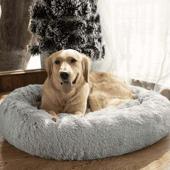 Calming Dog Bed for Medium Dogs - Donut Washable Medium Pet Bed, 30 inches Anti-Slip Round Fluffy Plush Faux Fur Cat Bed, Fits up to 45 lbs Pets