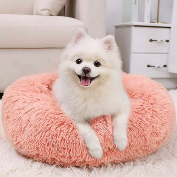 Calming Dog Bed for Small Dog&Cat ,Comfy Self Warming Round Dog Bed with Fluffy Faux Fur for Anti Anxiety and Cozy