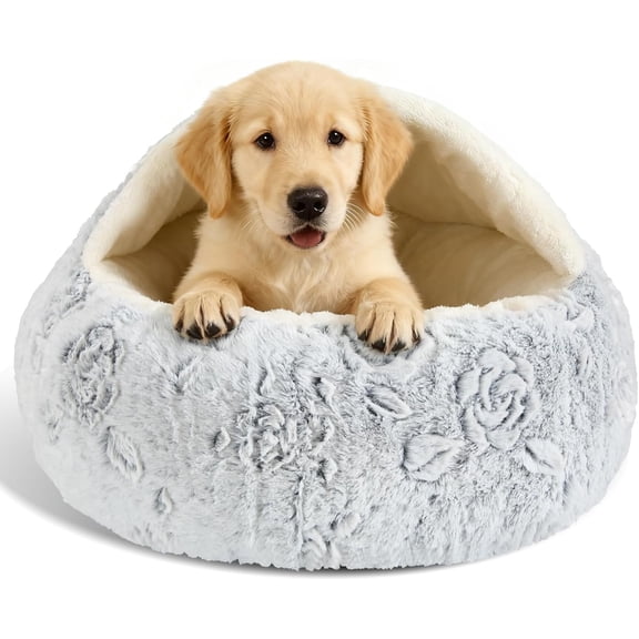 Calming Dog Beds & Cat Cave Bed with Hooded Cover,Removable Washable Round Beds for Small Medium Pets,Anti-Slip Faux Fur Fluffy Coved Bed for Improved Sleep,Fits up to 15/25 lbs(Rose,M)