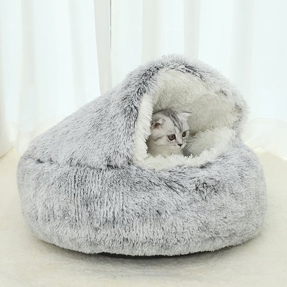 Calming Dog Beds & Cat Cave Bed with Hooded Cover,Removable Washable Round Beds for Small Medium Pets,Anti-Slip Faux Fur Fluffy Coved Bed for Improved Sleep,Fits up to 15/25 lbs