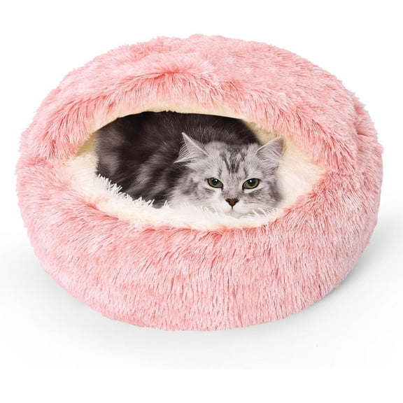 Calming Dog Beds & Cat Cave Bed with Hooded Cover,Removable Washable Round Beds for Small Medium Pets,Anti-Slip Faux Fur Fluffy Coved Bed for Improved Sleep,Fits up to 15/25 lbs(Bean Mush,S)