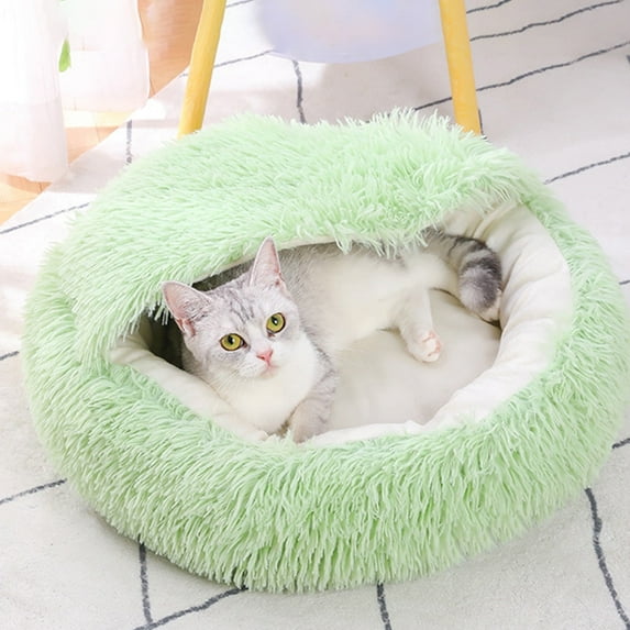 Calming Dog Beds & Cat Cave Bed With Hooded Cover,Washable Round Beds for Small Pets,Anti-Slip Faux Fur Fluffy Coved Bed,Comfortable Warming Pet Bed(15.75 * 15.75Inch,Green)