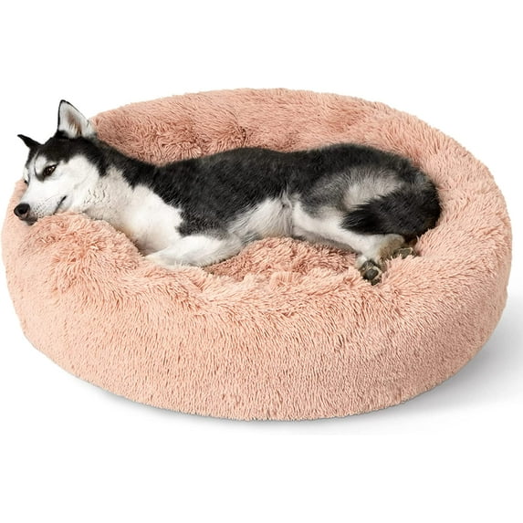 Calming Dog Beds for Small Medium Large Dogs - Round Donut Washable Dog Bed, Anti-Slip Faux Fur Fluffy Donut Cuddler Anxiety Cat Bed, Fits up to 15-100 lbs