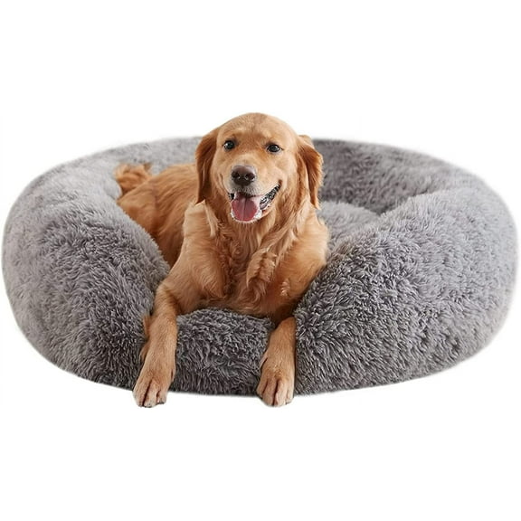 Calming Dog Beds for Large Dogs, Faux Fur Donut Cuddler Dog Bed, Round Fluffy Pillow, Washable Pet Bed for Dogs Up to 80Lbs, 36inch
