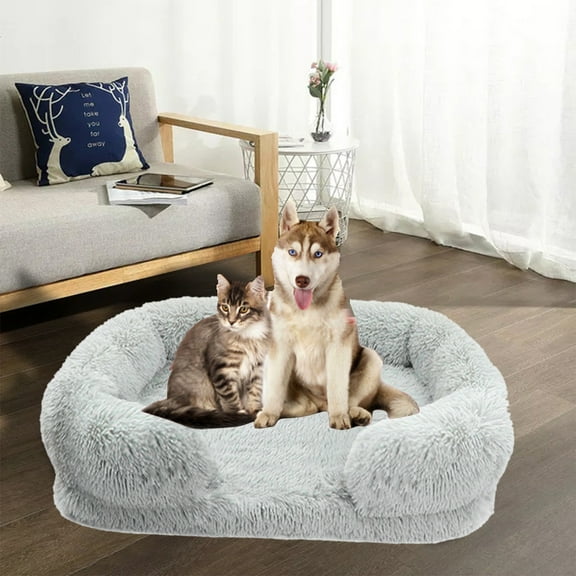 Calming Dog Cat Bed Cuddler | Soft Fluffy Faux Fur Cushion | Plush Warming Comfort, Raised Rim, Non-Slip Bottom | 16 Inch Pet Mat for Small Medium Dogs Cats | Cozy Sleep Support, Easy Care, Gray