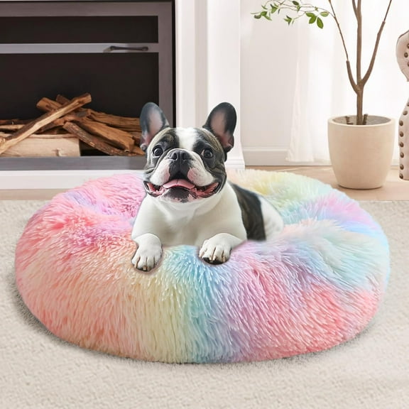 Calming Dog & Cat Bed for Small Dogs, Anti-Anxiety Donut Cuddler Cozy Soft Round Bed with Anti-Slip Bottom, Fluffy Faux Fur Plush Cushion Beds for Small Medium Dogs, 23"/Rainbow