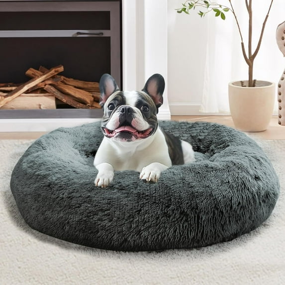 Calming Dog & Cat Bed for Small Dogs, Anti-Anxiety Donut Cuddler Cozy Soft Round Bed with Anti-Slip Bottom, Fluffy Faux Fur Plush Cushion Beds for Small Medium Dogs, 23"/Smoke Gray