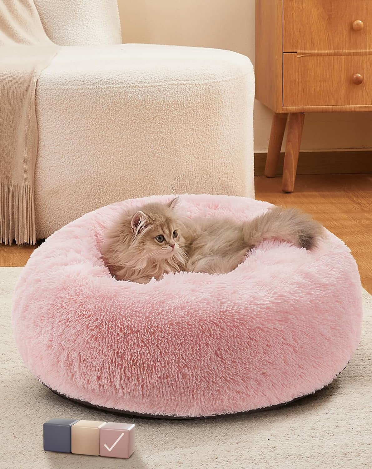 Calming Donut Cat Bed Pillow for Small Pets, Machine Washable Removable Cover, Comfort Plush Fluffy Faux Fur with Anti-Slip Bottom, Dogs-Friendly Round Cuddly Design, Pink, 20 inches