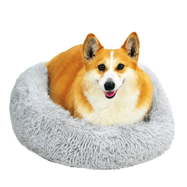 Calming Donut Dog Bed Cat Bed, 24 Premium Faux Fur for Small Medium Dogs, Indoor Round Plush