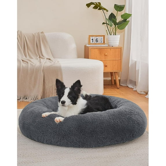 Calming Donut Dog Bed Pillow for Large Pets, Machine Washable Removable Cover, Comfort Plush Fluffy Faux Fur with Anti-Slip Bottom, Cats-Friendly Round Cuddly Design, Gray, 36 inches