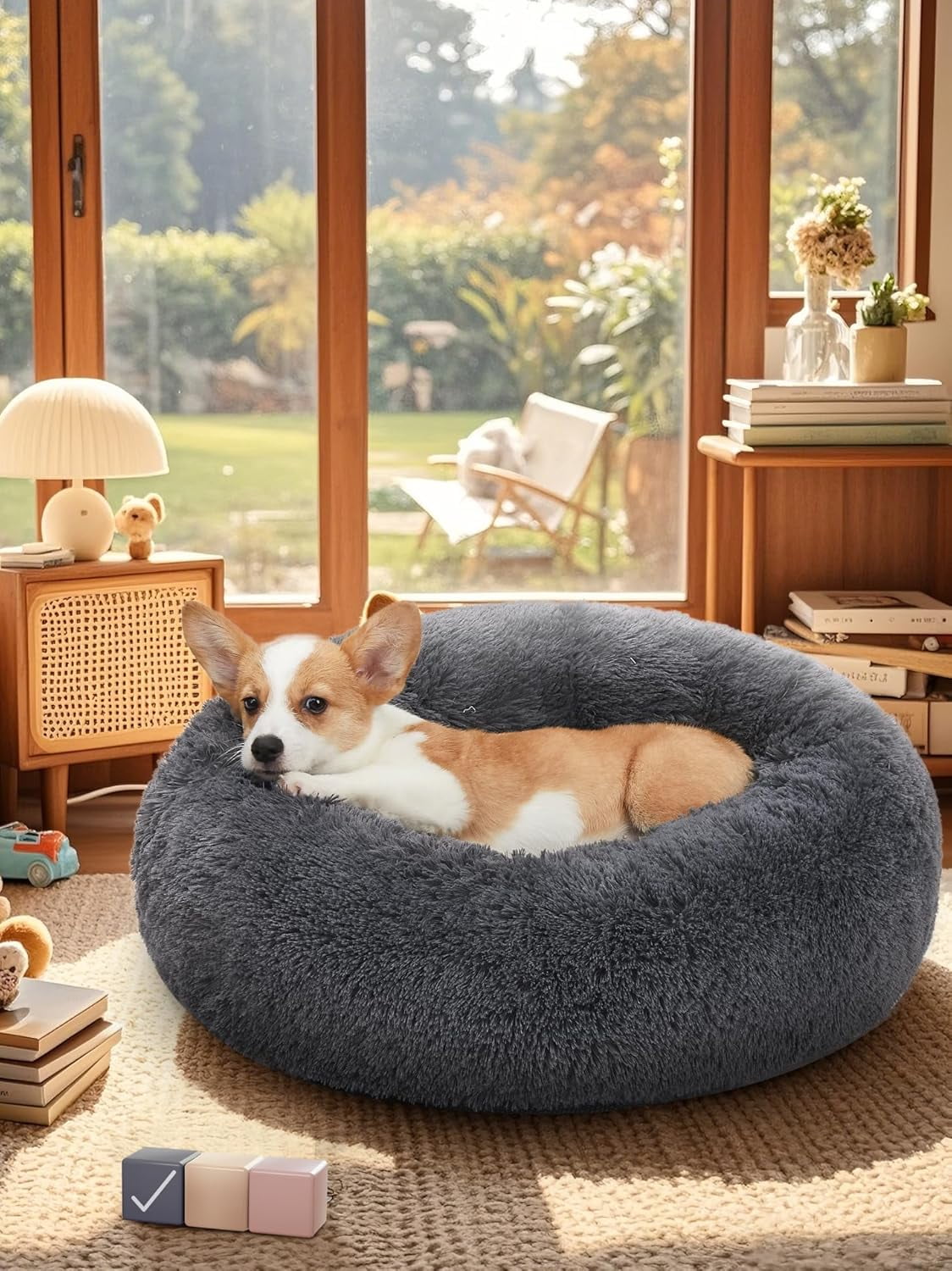 Calming Donut Dog Bed Pillow for Small Medium Pets, Machine Washable Removable Cover, Comfort Plush Fluffy Faux Fur with Anti-Slip Bottom, Cats-Friendly Round Cuddly Design, Gray, 23 inches