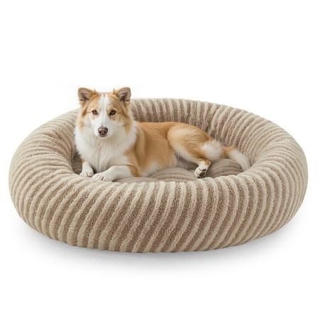 Calming Donut Dog Bed for Small Dogs and Cats, Washable with Removable Cover, Non-Slip Bottom, Soft Round Pet Bed, Beige, 23in