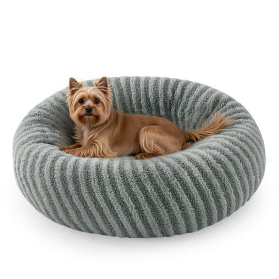 Calming Donut Dog Bed for Small Dogs and Cats, Washable with Removable Cover, Non-Slip Bottom, Soft Round Pet Bed, Gray, 23in