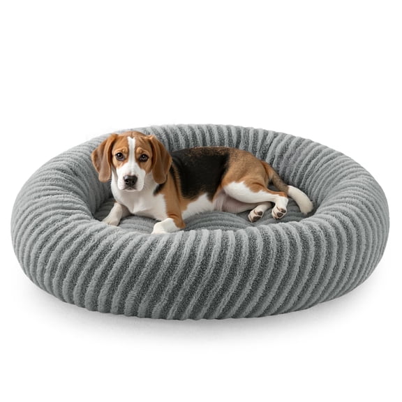 Calming Donut Dog Bed for Small Dogs and Cats, Washable with Removable Cover, Non-Slip Bottom, Soft Round Pet Bed, Gray, 30in