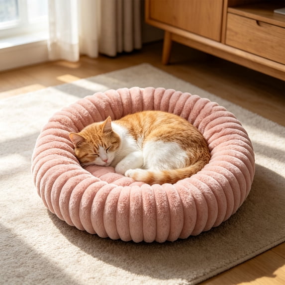 Calming Donut Pet Bed for Small Dogs Cats, Soft Cuddler Cushion, Washable Cozy Round Mat, 40x40cm