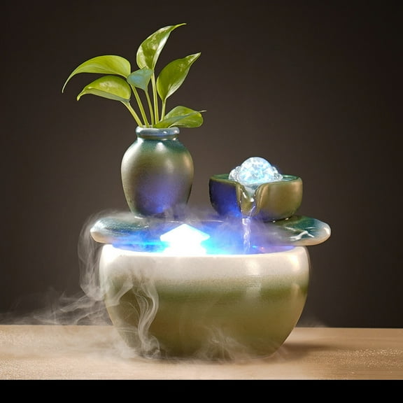 Calming Green Ceramic Water Fountain,Tabletop Waterfalls, Flowing Ball With Mist Maker,Housewarming Gift, Soothing Fountain