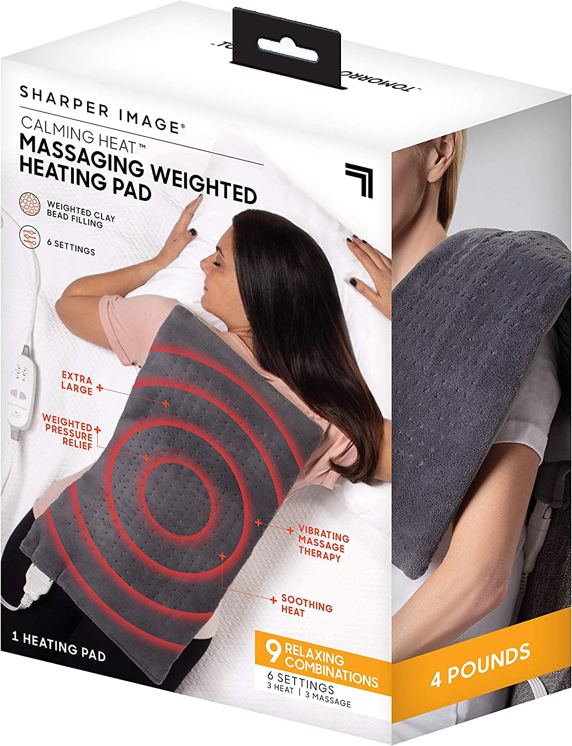 Calming Heat Massaging Weighted Heating Pad by Sharper Image- Weighted Electric Heating Pad with Massaging Vibrations, 6 Settings- 3 Heat, 3 Massage- 9 Relaxing Combinations, 12 x 24, 4 lbs