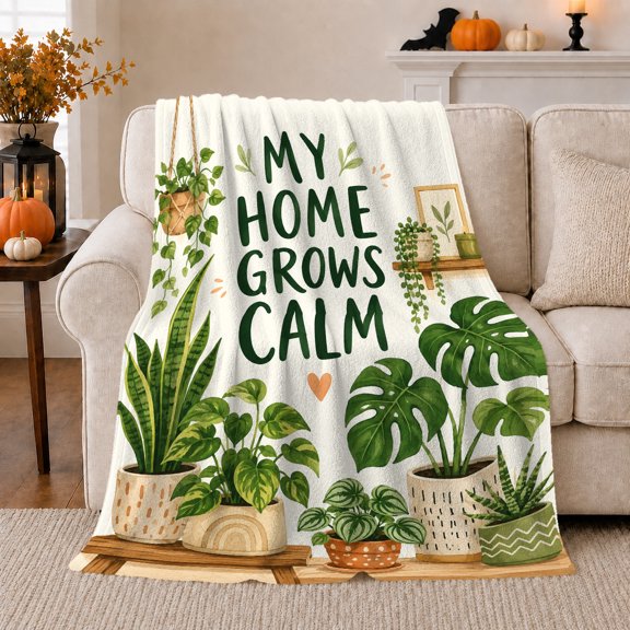 Calming My Home Grows Calm, Cozy Typography Art Scene, Warm Flannel Blanket for Living Room and Reading Nook, Art Lovers Valentine's Day Gift, Artistic Home Decor