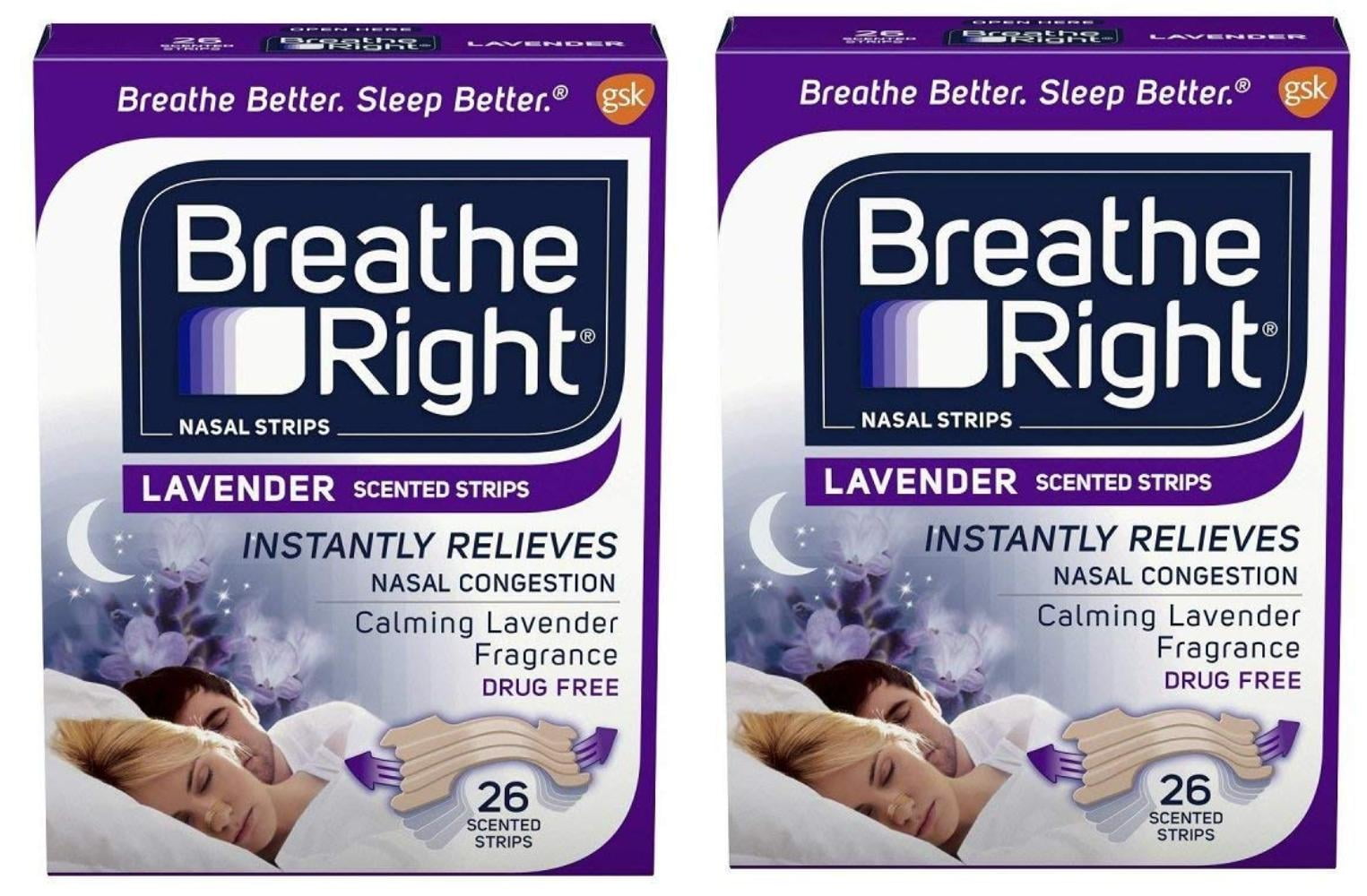 Calming Lavender Scented Drug-Free Nasal Strips for Nasal Congestion Relief - 2 Packages (26 count), Breathe Right nasal strips open your nose up.., By Breathe Right